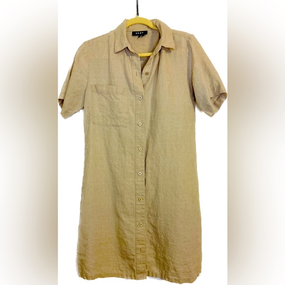 DKNY Short Sleeve Linen Dress in Natural Linen - Picture 1 of 5